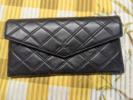 Chanel Paris Quilted Leather Long Wallet Black Envelope Style Snap Closure Vintage Pre-Owned Designer Wallet With Zipper Coin Pocket