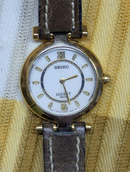 Vintage Pre-Owned Seiko Lucent Paris 4N20-096A Ladies Quartz Watch Gold Tone White Dial Leather Strap Working Dress Watch Japan New Battery