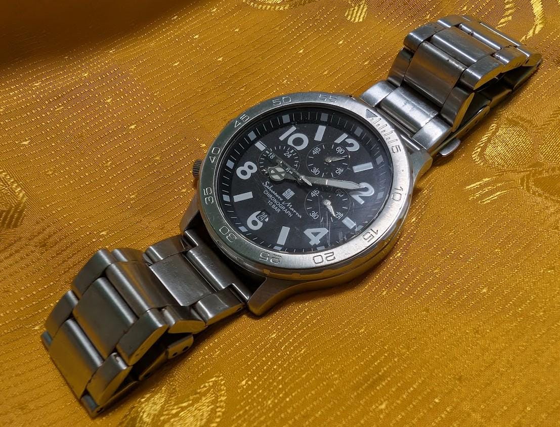 Rare Vintage Pre-Owned Salvatore Marra Chronograph Watch Stainless Steel 45mm Large Case Sport Mens Quartz Wristwatch Date Display Case 45mm