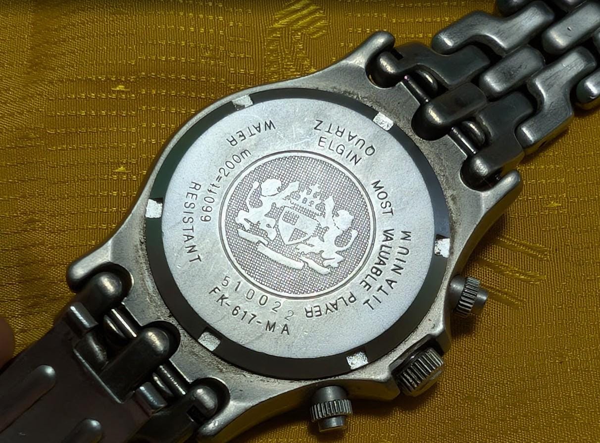 Vintage Pre-Owned Elgin FK-617-MA Titanium Chronograph Watch Green Dial 200M 37mm Rare 1990s Quartz Wristwatch