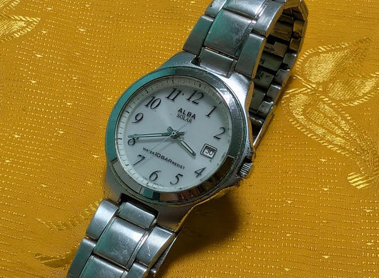 Vintage Pre-Owned Alba Solar V145-0BG0 Watch 37mm Japan Solar Quartz Steel Bracelet Rare Minimalist Working Watch