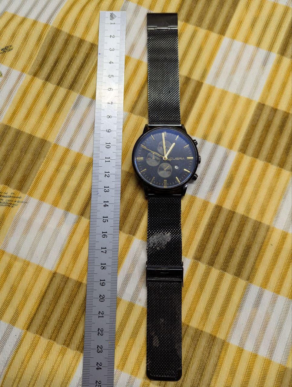 Pre-Owned Cuena 8619 Chronograph Watch Black Gold Mesh Strap Stainless Steel Back Date Quartz
