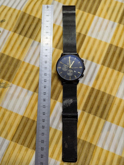 Pre-Owned Cuena 8619 Chronograph Watch Black Gold Mesh Strap Stainless Steel Back Date Quartz