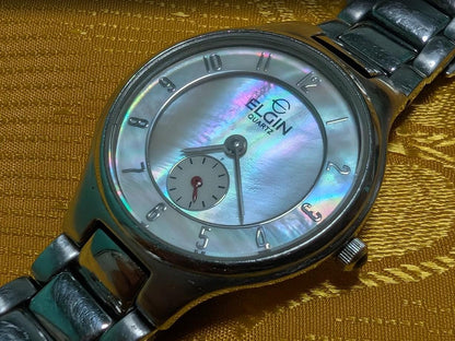 Rare Vintage Pre-Owned Elgin FK-1288 Ladies Watch Mother of Pearl Dial Small Seconds 21mm Working Quartz
