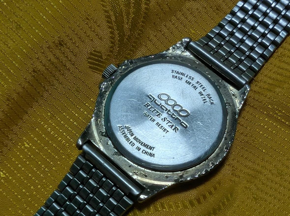 Rare quattro blue star watch steel bracelet vintage Pre-Owned japan style luminous dial,Dial 36mm. New Battery