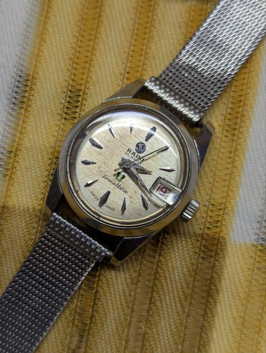 Vintage Pre-Owned Rado Green Horse 25 Jewels Automatic Watch Swiss Made Silver Tone Mesh Band Date Window Working Watch