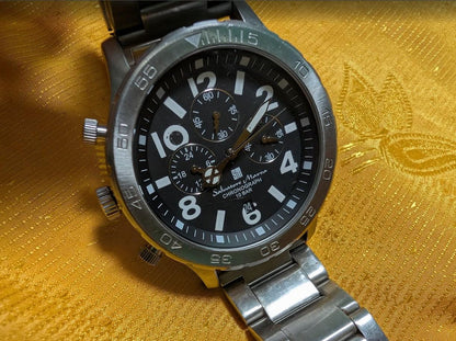 Rare Vintage Pre-Owned Salvatore Marra Chronograph Watch Stainless Steel 45mm Large Case Sport Mens Quartz Wristwatch Date Display Case 45mm