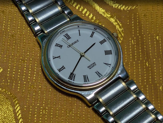 Ricoh Charvale Quartz Watch Roman Dial Mens Watch Stainless Steel Vintage Pre-Owned Japan Watch. case 33mm.NEW Battery