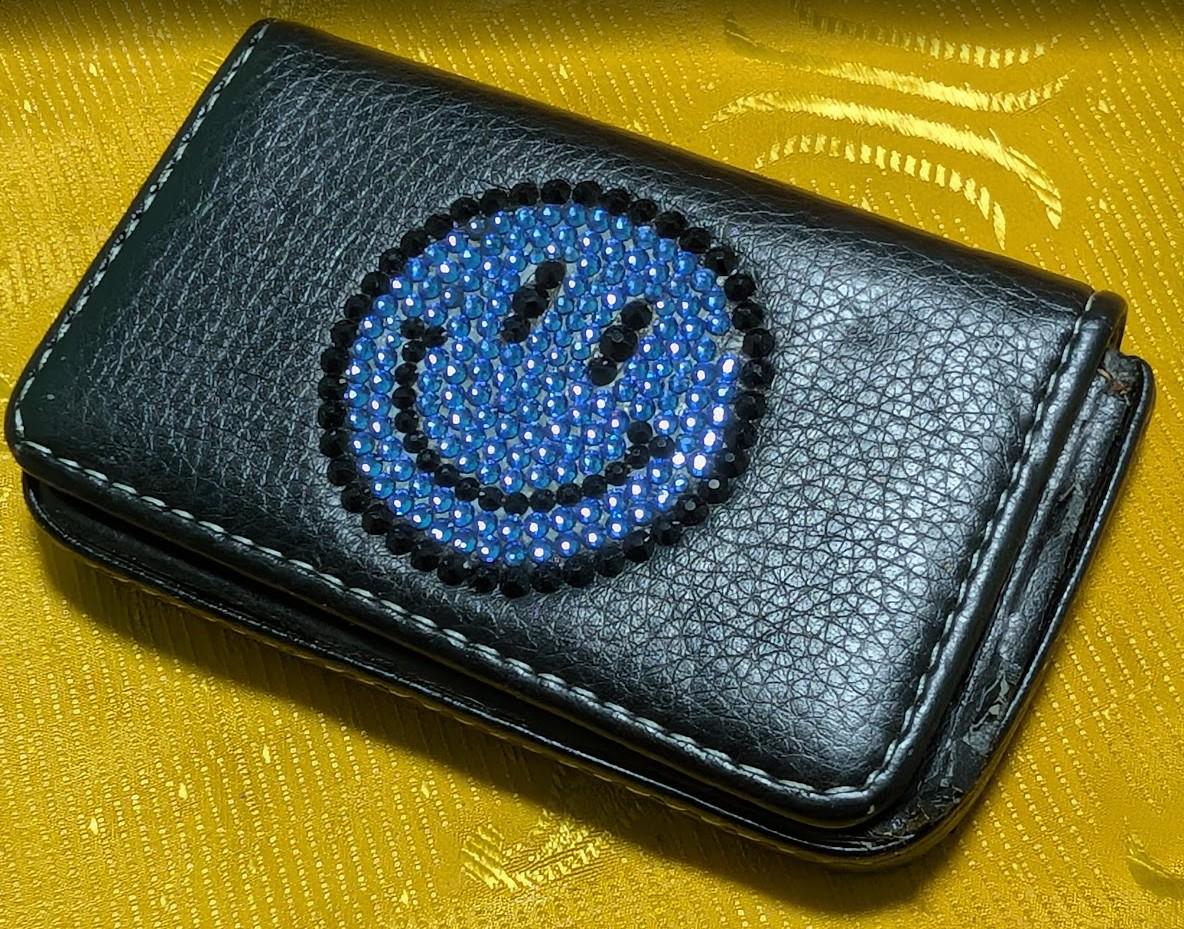 Vintage Pre-Owned Black Leather Wallet Rhinestone Smile Face Repair Project As Is Damaged Condition Craft Restore Parts Small Wallet