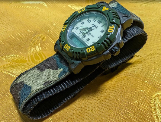 Rare Vintage Pre-Owned ALBA V041-6020 Ana Digi Military Watch 40mm Camo Strap Japan Rare Dual Display New Battery