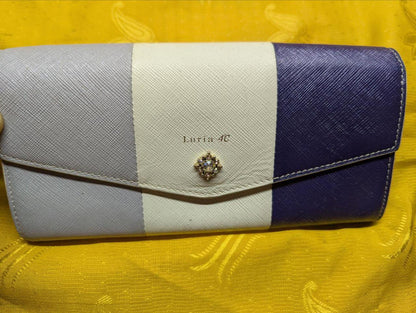 Pre-Owned Luria 4C long women's wallet in blue, sky blue, and white
