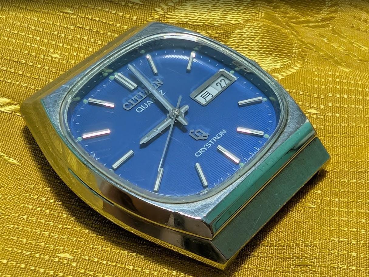 Vintage Pre-Owned Citizen Crystron Quartz Tank 4-730780 Blue Dial 33mm Japan New Battery Day Date Running Rare Dress Watch