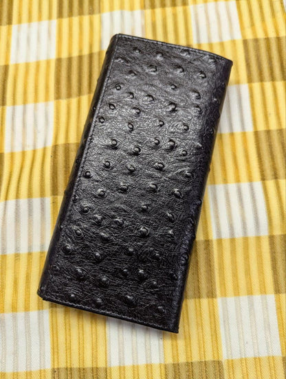 Vintage Pre-Owned Cerve Italy Long Leather Wallet Black Ostrich Embossed Bifold Card Holder Zip Coin Pocket Genuine Leather Wallet