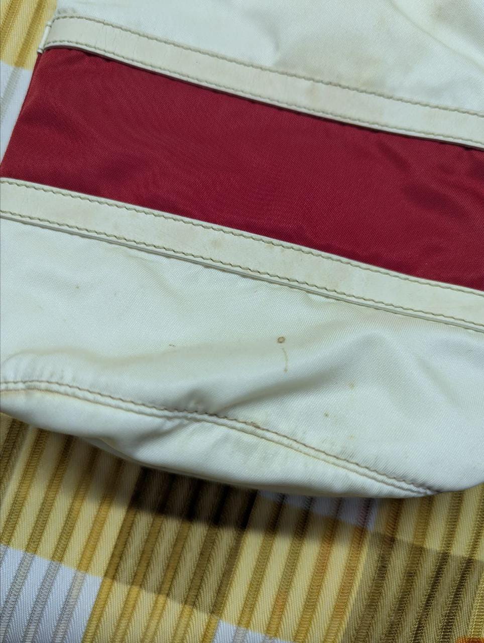 Vintage Prada Vela Nylon Bucket Bag White Red Drawstring Bag Authentic 2005 Milano Italy Pre Owned Designer Bag