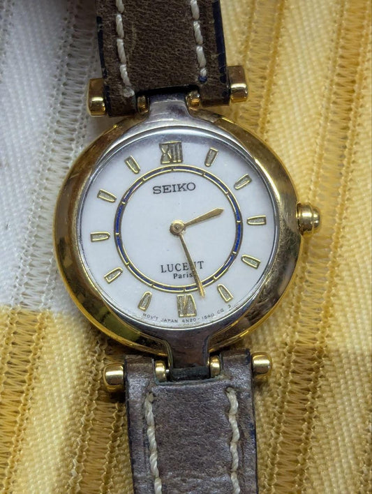 Vintage Pre-Owned Seiko Lucent Paris 4N20-096A Ladies Quartz Watch Gold Tone White Dial Leather Strap Working Dress Watch Japan New Battery