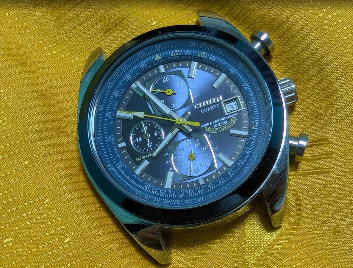 Vintage Pre-Owned Citizen Quartz World Chronograph Blue Angels Style 43mm Watch New Battery Running Black Dial Pilot Design Rare