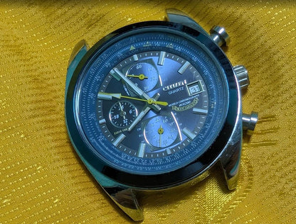 Vintage Pre-Owned Citizen Quartz World Chronograph Blue Angels Style 43mm Watch New Battery Running Black Dial Pilot Design Rare