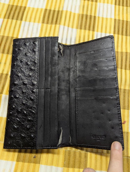 Vintage Pre-Owned Cerve Italy Long Leather Wallet Black Ostrich Embossed Bifold Card Holder Zip Coin Pocket Genuine Leather Wallet