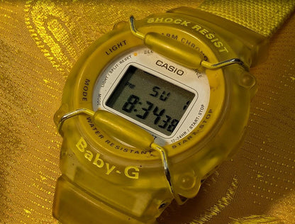 RARE Vintage Pre-Owned Casio Baby-G BG-301 Digital Watch Yellow Transparent Resin Strap Shock Resistant 100M Water Women.New Battery Case40mm
