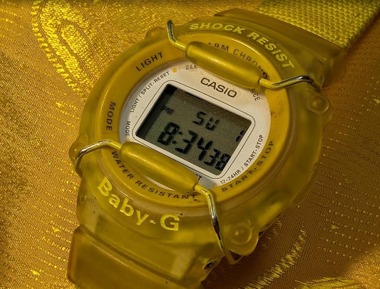 RARE Vintage Pre-Owned Casio Baby-G BG-301 Digital Watch Yellow Transparent Resin Strap Shock Resistant 100M Water Women.New Battery Case40mm