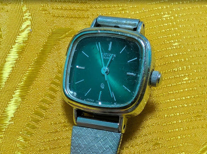 Vintage Pre-Owned Citizen 4-104811 Quartz Watch Japan Green Dial Square Women's Bracelet Watch Working Rare