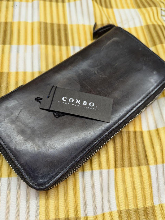 Corbo Men's Leather Wallet Zipper Long Organizer Black Vintage Pre-Owned 1LD-0223