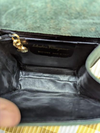 Salvatore Ferragamo Suede Mini Bag Green Vara Bow Crossbody Bag Vintage Pre-Owned Ferragamo Shoulder Bag Made In Italy