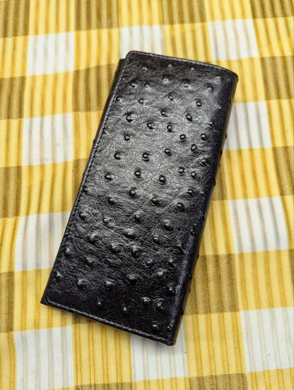Vintage Pre-Owned Cerve Italy Long Leather Wallet Black Ostrich Embossed Bifold Card Holder Zip Coin Pocket Genuine Leather Wallet