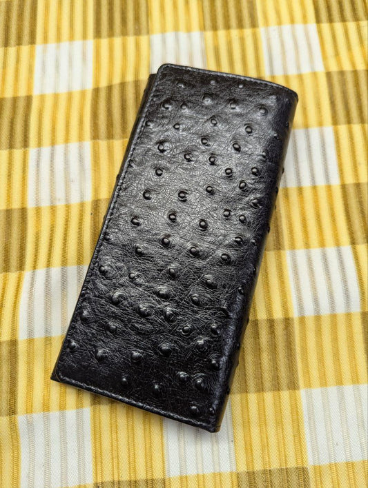 Vintage Pre-Owned Cerve Italy Long Leather Wallet Black Ostrich Embossed Bifold Card Holder Zip Coin Pocket Genuine Leather Wallet
