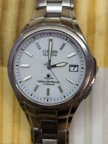 Vintage Pre-Owned Rare Citizen Attesa H410-T003788 Eco-Drive Titanium Radio Controlled Watch Silver Dial JDM Japan