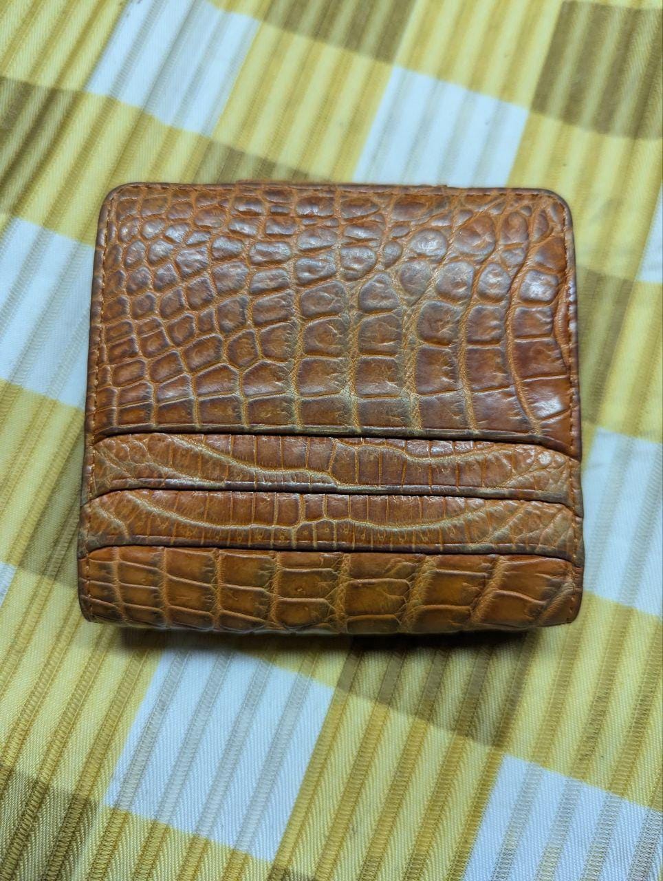 COCOCELUX GOLD Leather Wallet Crocodile Embossed Brown Compact Bifold Wallet with Snap Closure, Japanese Brand, Used