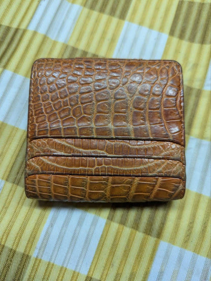 COCOCELUX GOLD Leather Wallet Crocodile Embossed Brown Compact Bifold Wallet with Snap Closure, Japanese Brand, Used