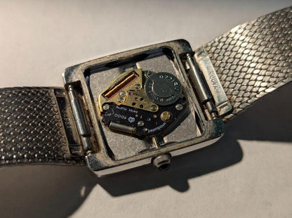 Cyma Tank Style Watch Swiss Quartz Vintage Pre-Owned Rectangular Minimalist Mesh Bracelet Unisex. New Battery.