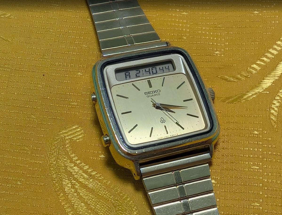 RARE Vintage Pre-Owned Seiko H357-509A Ana-Digi Quartz Watch, 30mm Square Case, Digital Display, New Battery, Working Video, Rare Japan Retro Gift