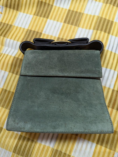 Salvatore Ferragamo Suede Mini Bag Green Vara Bow Crossbody Bag Vintage Pre-Owned Ferragamo Shoulder Bag Made In Italy