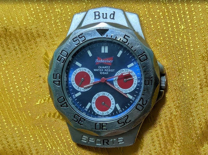 Vintage Pre-Owned Budweiser Sports Watch 38mm Rotating Bezel Japan Movement New Battery Working Rare Advertising Collectible