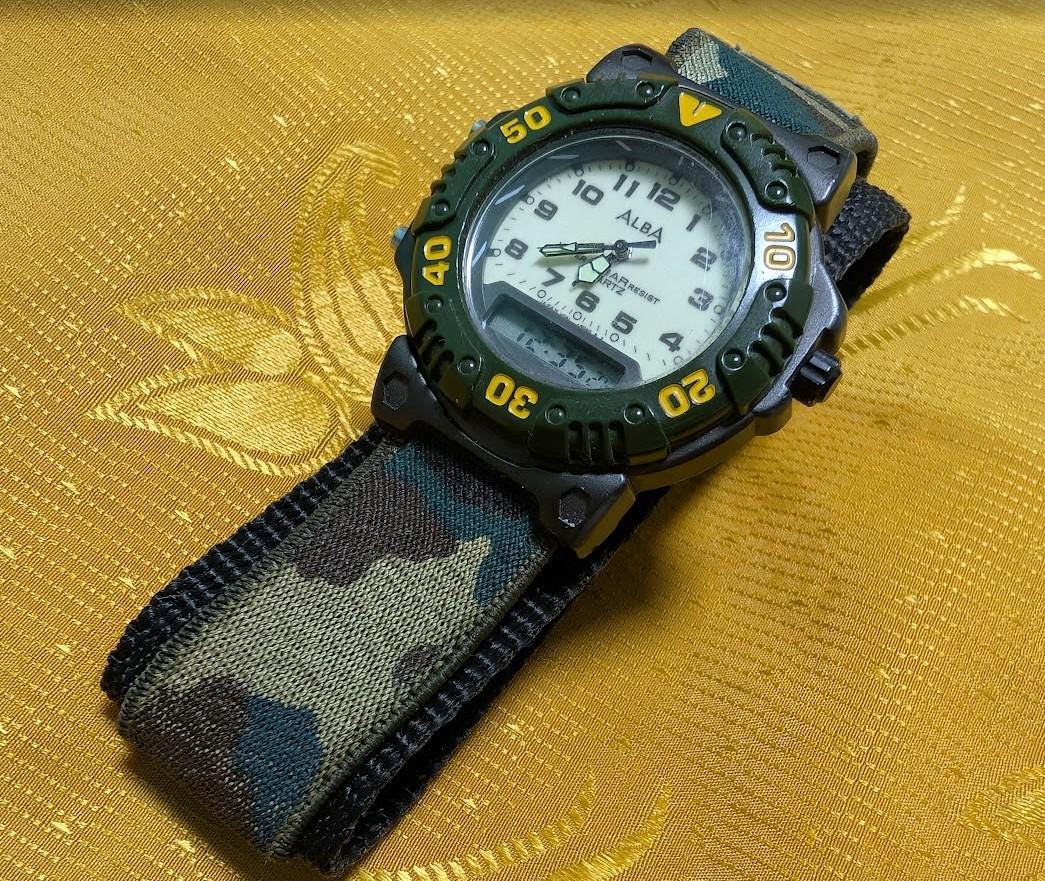 Rare Vintage Pre-Owned ALBA V041-6020 Ana Digi Military Watch 40mm Camo Strap Japan Rare Dual Display New Battery