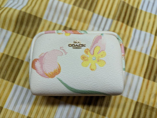 Pre-Owned Coach Mini Boxy Cosmetic Case Dreamy Land Floral Print Leather Makeup Bag Small Zip Pouch Authentic Coach