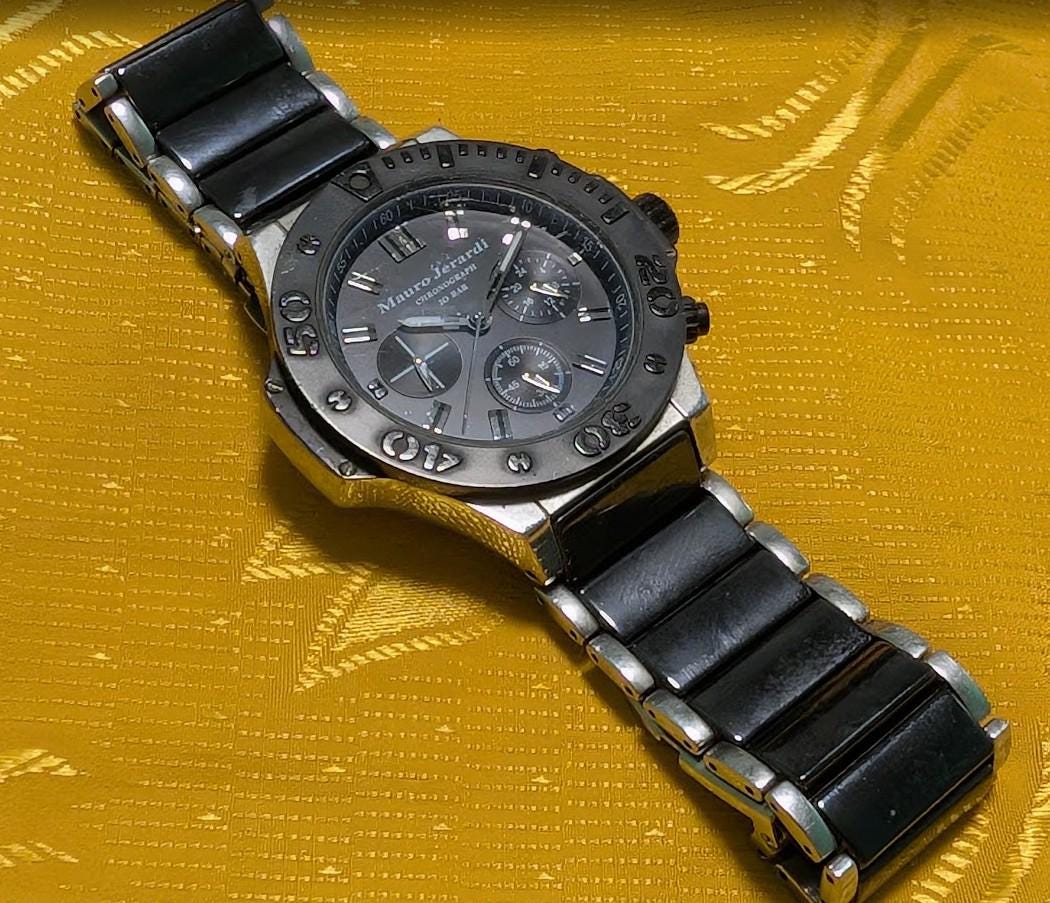 Pre-Owned Rare Mauro Jerardi MJ-027 Men's Chronograph Watch, 43mm Black Ceramic Bracelet, Japanese Quartz, 10 BAR, New Battery, Working Video, Gift