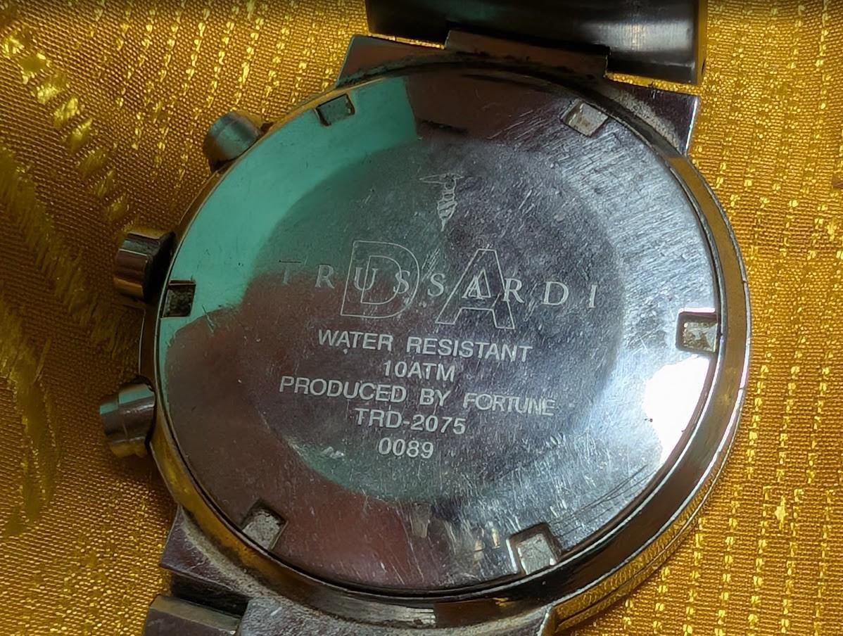 Pre-Owned Rare Trussardi TRD 2075 Chronograph Watch Stainless Steel Mens Watch White Dial Date Watch Designer Watch. case 38mm.NEW Battery