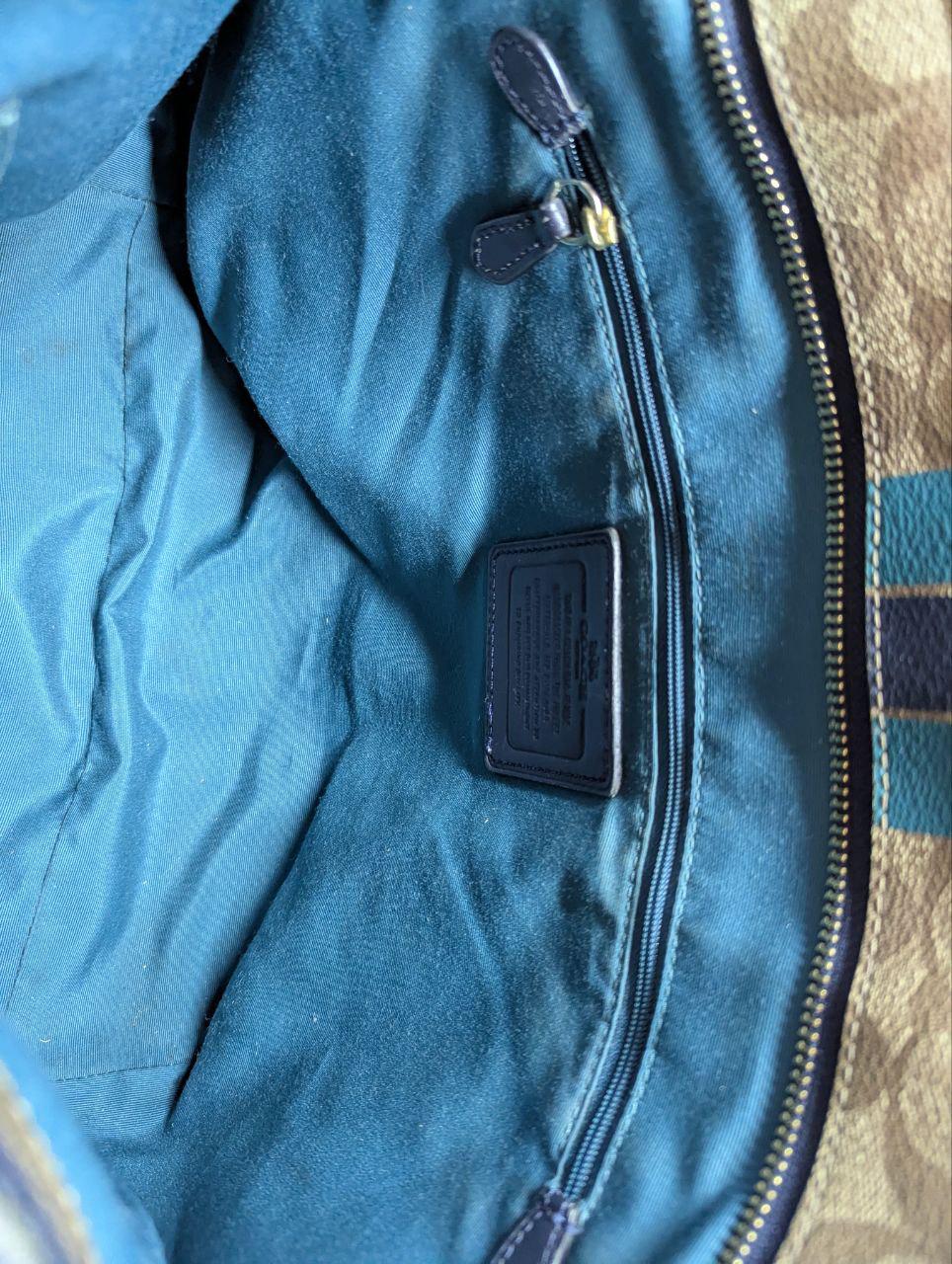 Pre-Owned Coach Varsity City Tote F38405 Signature Canvas Bag Brown Blue Stripe Large Shoulder Bag Authentic
