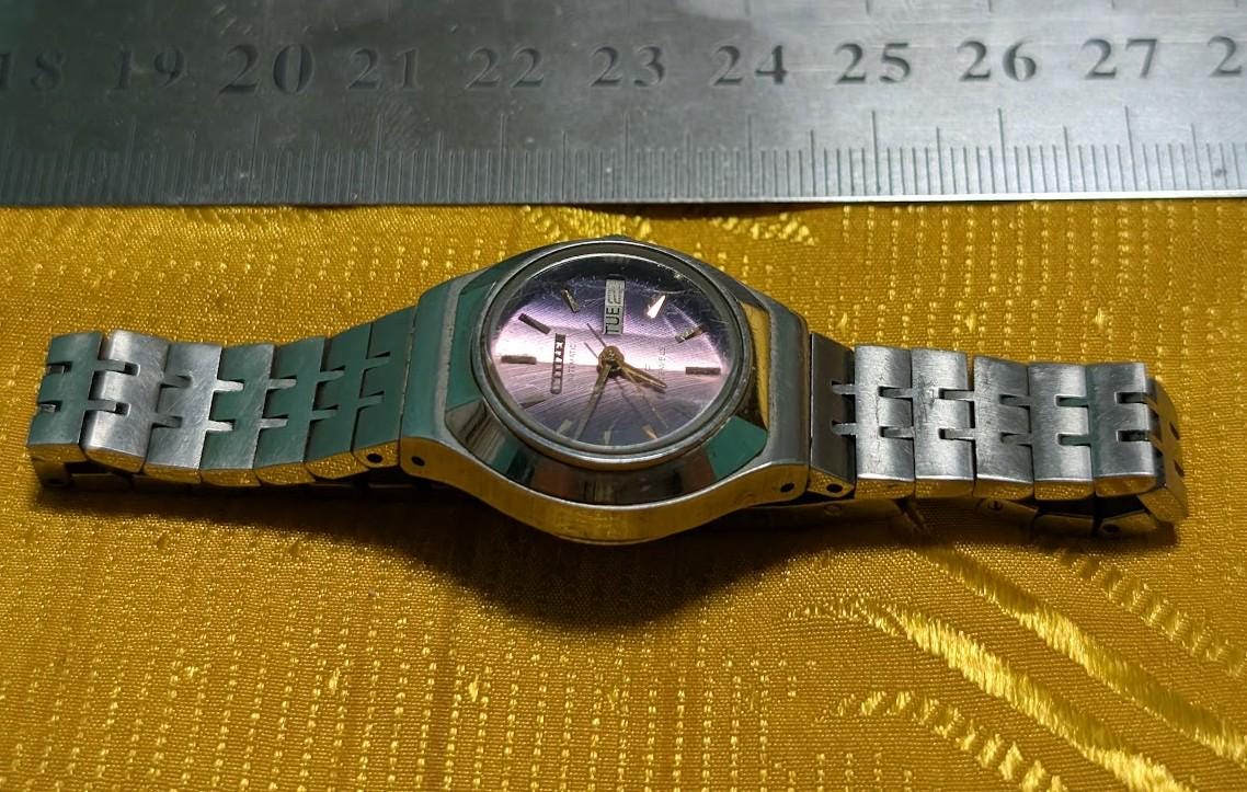 Citizen 4-700091 Automatic Ladies Watch Japan Vintage Pre-Owned Working Purple Dial Day Date Original Bracelet Rare Collectible