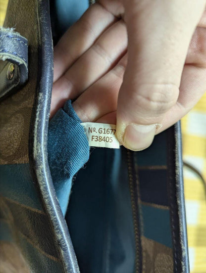 Pre-Owned Coach Varsity City Tote F38405 Signature Canvas Bag Brown Blue Stripe Large Shoulder Bag Authentic