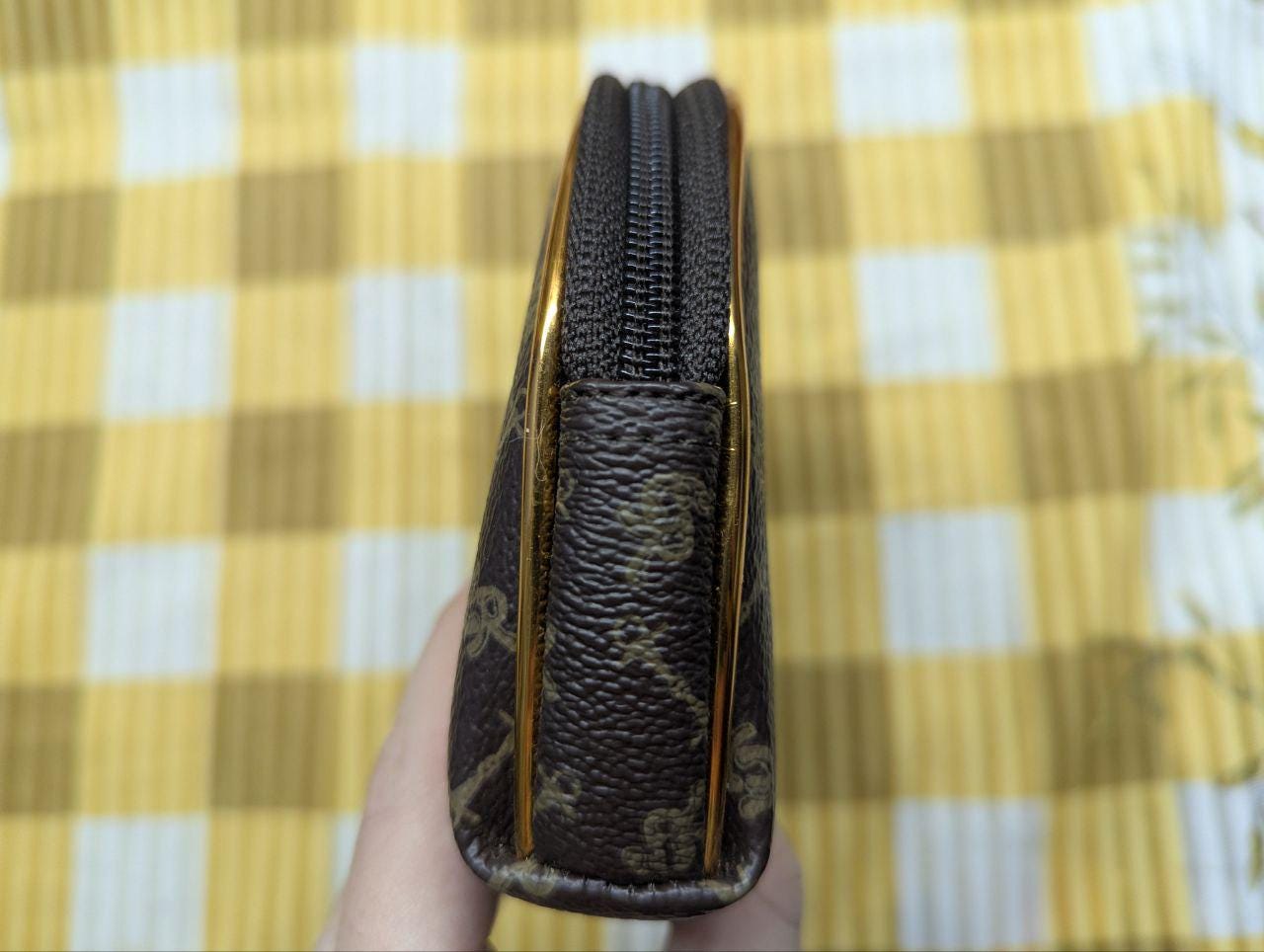 Vintage Unbranded Brown Monogram Cosmetic Pouch Zip Makeup Bag With Gold Frame Small Retro Toiletry Case Pre Owned