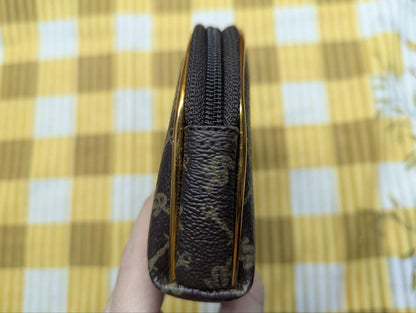 Vintage Unbranded Brown Monogram Cosmetic Pouch Zip Makeup Bag With Gold Frame Small Retro Toiletry Case Pre Owned