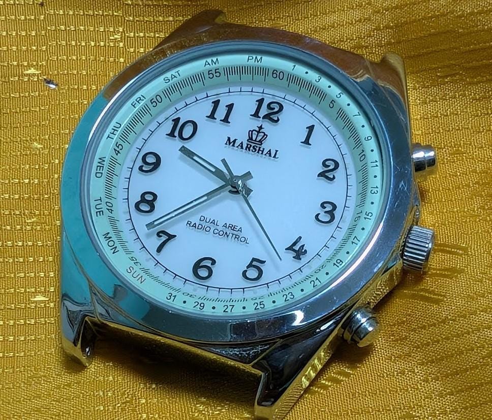 Marshal Dual Area Radio Control Watch Quartz Japan Vintage Pre-Owned Multi Timezone. Pilot style.Classic Retro Men's Watch .CASE 39mm. NEW Battery.
