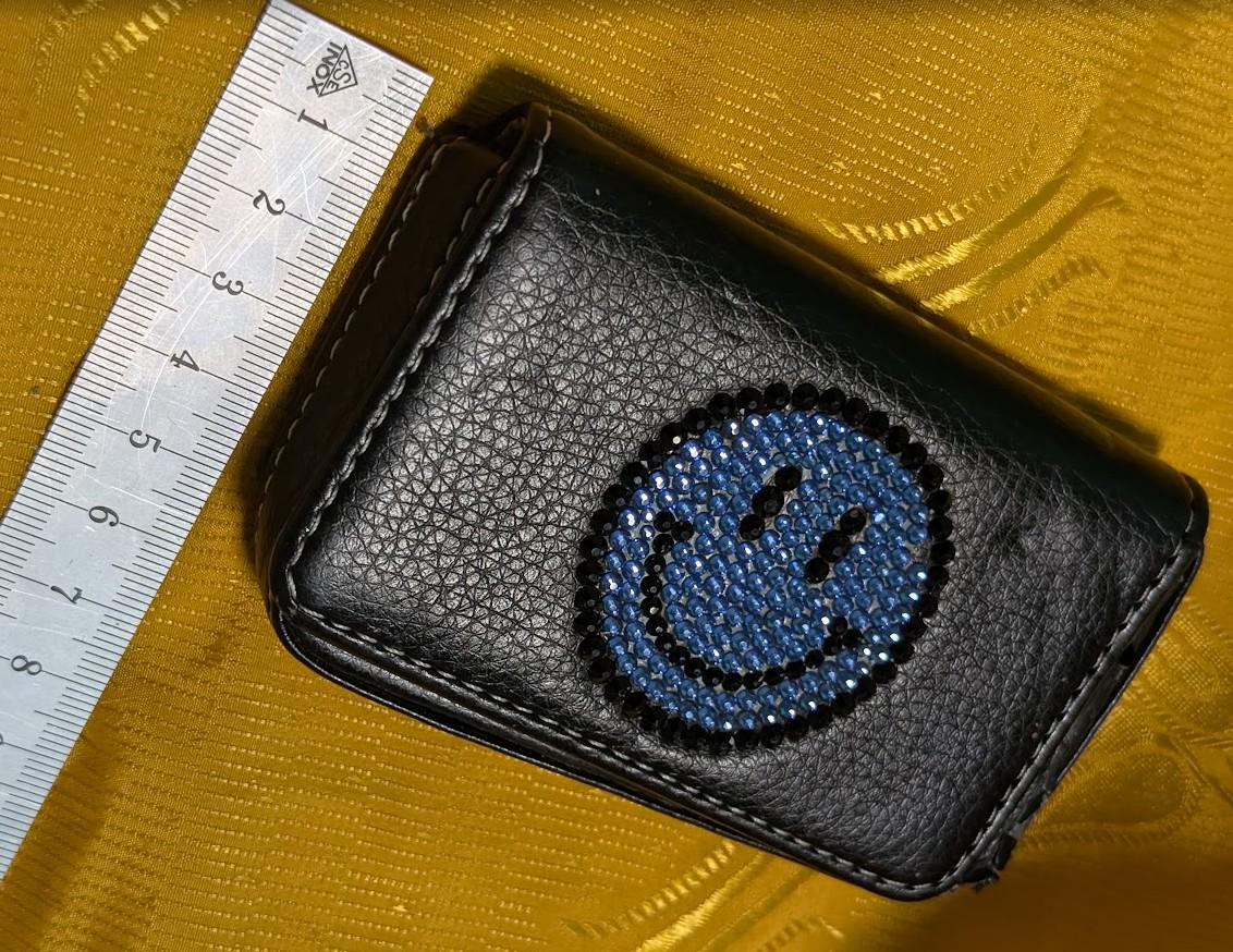 Vintage Pre-Owned Black Leather Wallet Rhinestone Smile Face Repair Project As Is Damaged Condition Craft Restore Parts Small Wallet