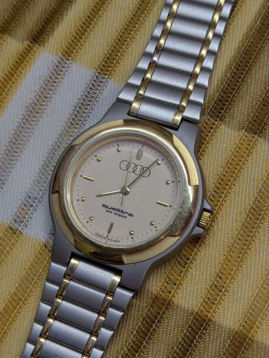 Vintage Pre-Owned Audi Quattro Wristwatch Rare 1990s Four Rings Logo Two Tone Japan Quartz Unisex Motorsport Collector Gift