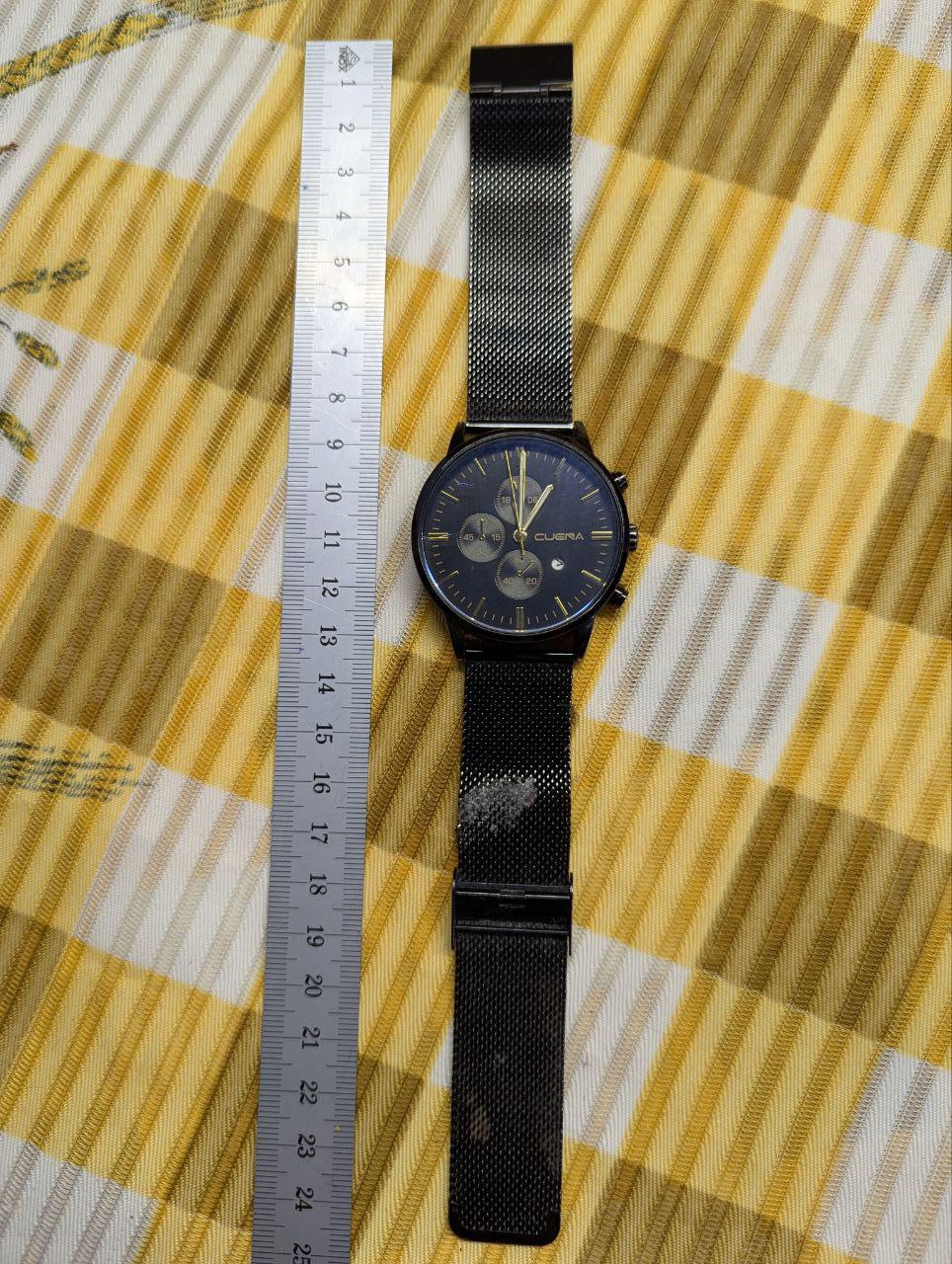 Pre-Owned Cuena 8619 Chronograph Watch Black Gold Mesh Strap Stainless Steel Back Date Quartz