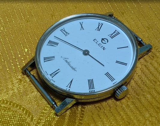 Rare Vintage Pre-Owned Elgin Ambassador Mechanical Watch 32mm Classic Minimalist Roman Dial Swiss Made Parts Repair Wristwatch